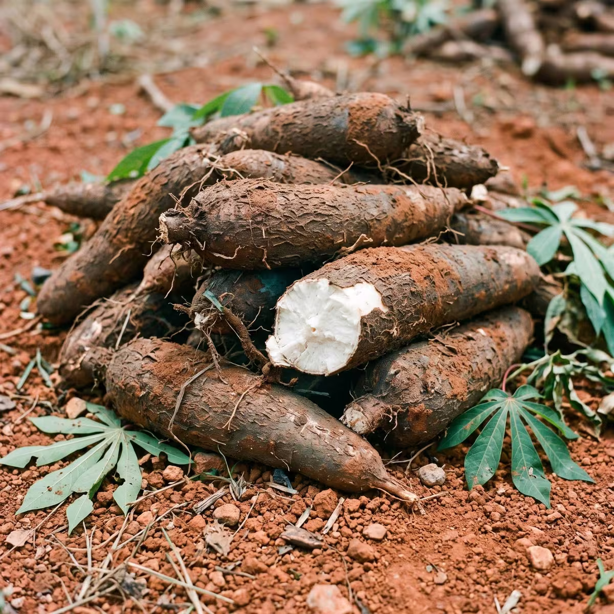 Freshly harvested cassava roots on red soil
