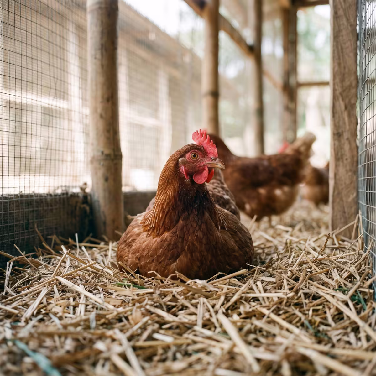 Laying hens on straw bedding in a poultry house